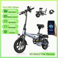 2025 New AOVOPRO E14/E14Pro Electric Bike 1000W Peak Motor 14inch 48V 15.6Ah 62km Long Range 35km/h Foldable with App EBike