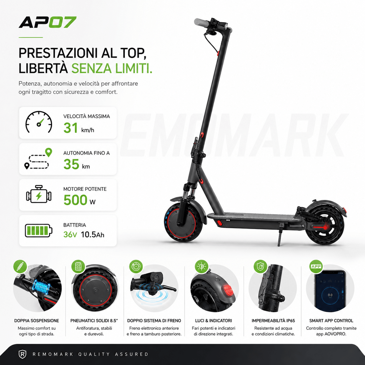AOVOPRO AP07 – Monopattino Elettrico 500W | 35 km, Doppia Sospensione, Smart App - REMO MARK