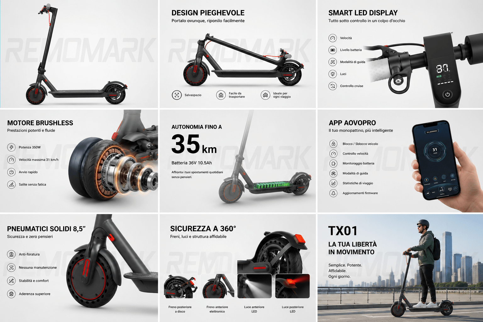 AOVOPRO TX01 Smart — Monopattino Elettrico 31 km/h | 35 km Autonomia | APP Smart - REMO MARK