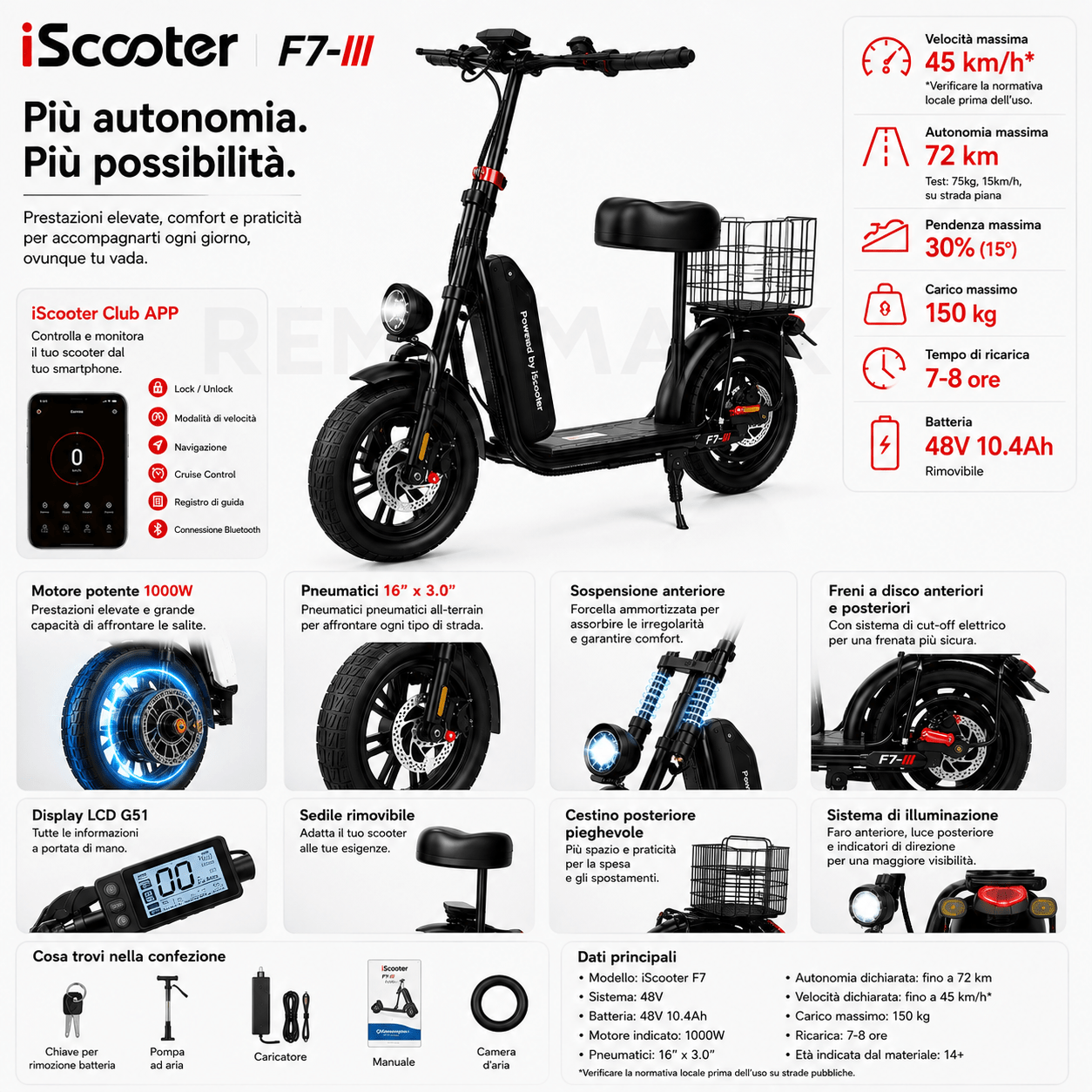 iScooter F7 – Monopattino Elettrico 1000W, 48V 10,4Ah, fino a 72 km - REMO MARK