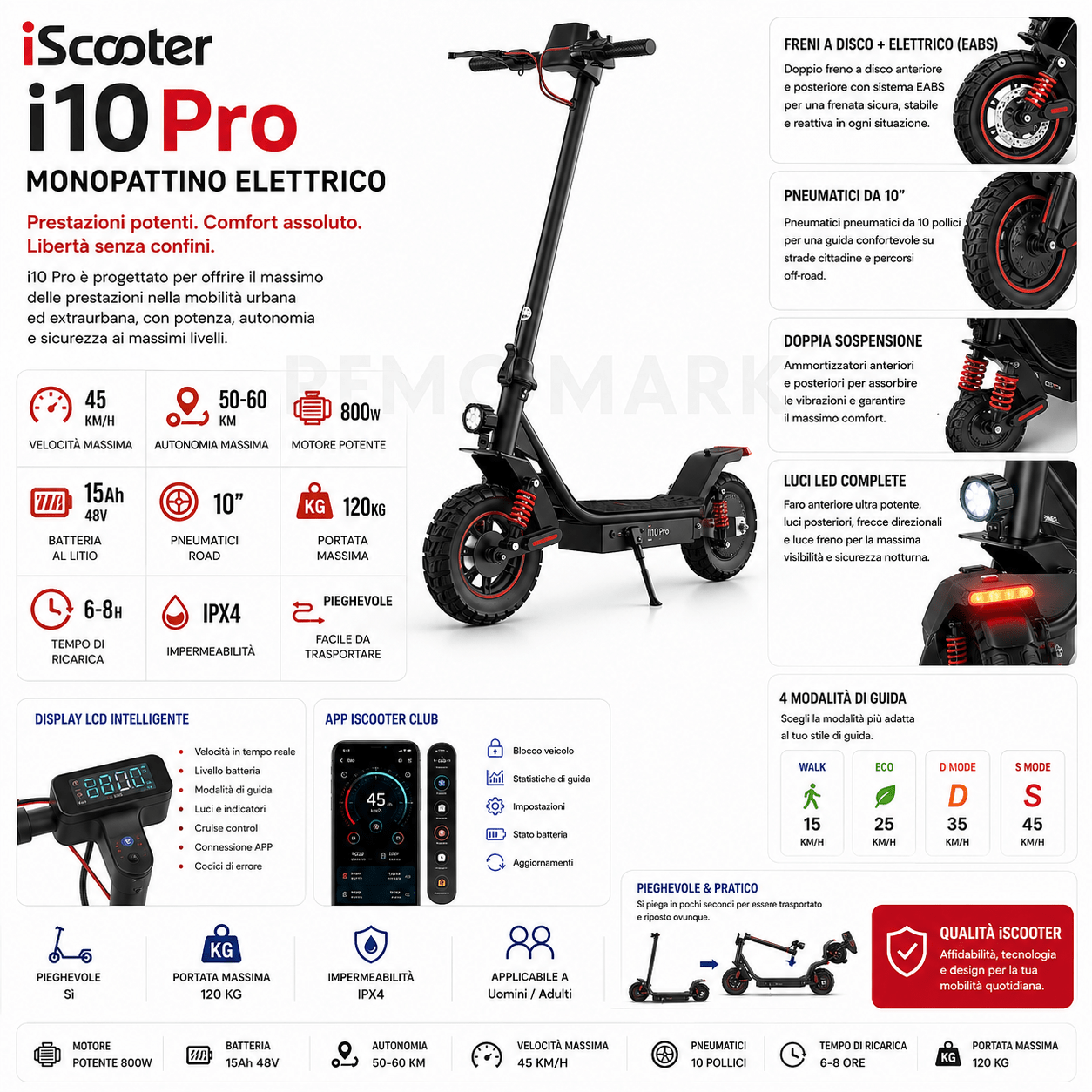 iScooter i10 Pro – Monopattino Elettrico 800W, 45 km/h, Autonomia fino a 60 km, Batteria 15Ah, Ruote Pneumatiche 10", Doppia Sospensione - REMO MARK