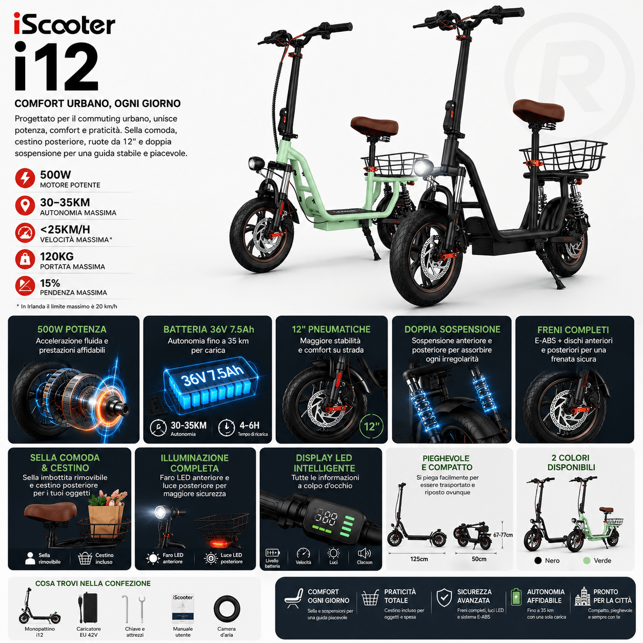 iScooter i12 – Monopattino Elettrico 500W con sella e cestino, 36V 7,5Ah, Ruote 12" - REMO MARK