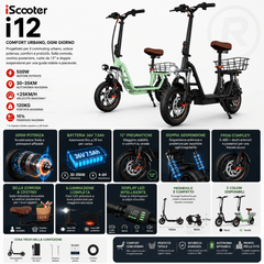 iScooter i12 – Monopattino Elettrico 500W con sella e cestino, 36V 7,5Ah, Ruote 12" - REMO MARK