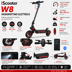 iScooter W8 Monopattino Elettrico 750W – 48V 14Ah, Autonomia fino a 40 km, Ruote 9,3", Sospensioni Dual, App Smart - REMO MARK