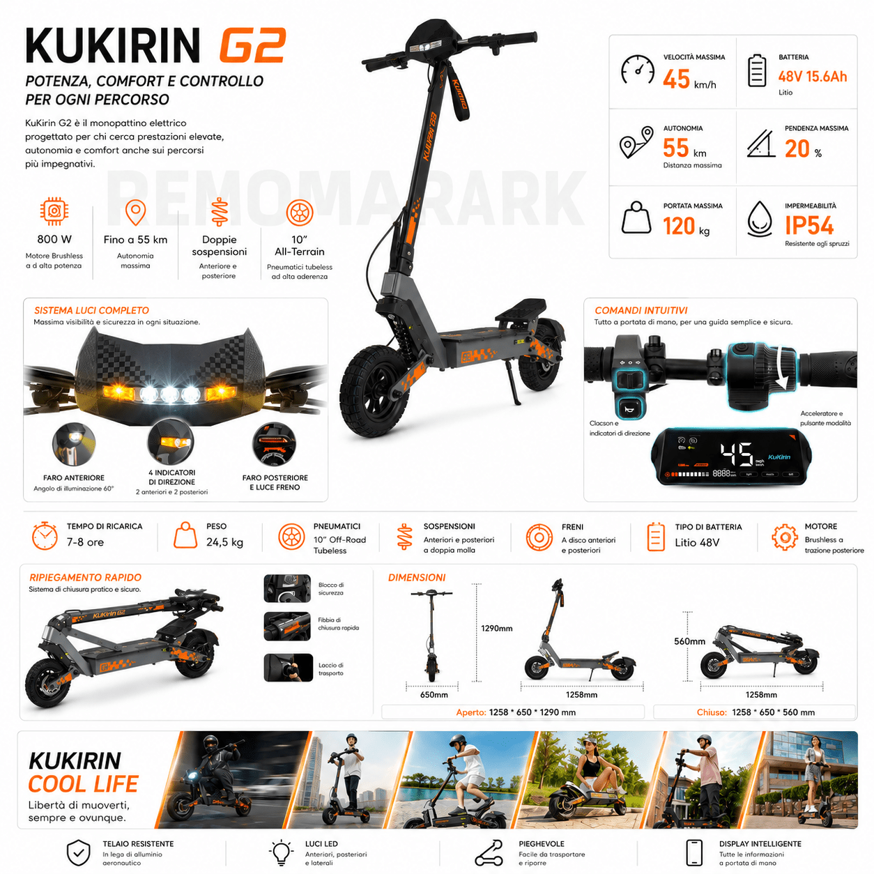 KuKirin G2 – Monopattino Elettrico 800W, 48V 15,6Ah, 55 km di Autonomia - REMO MARK