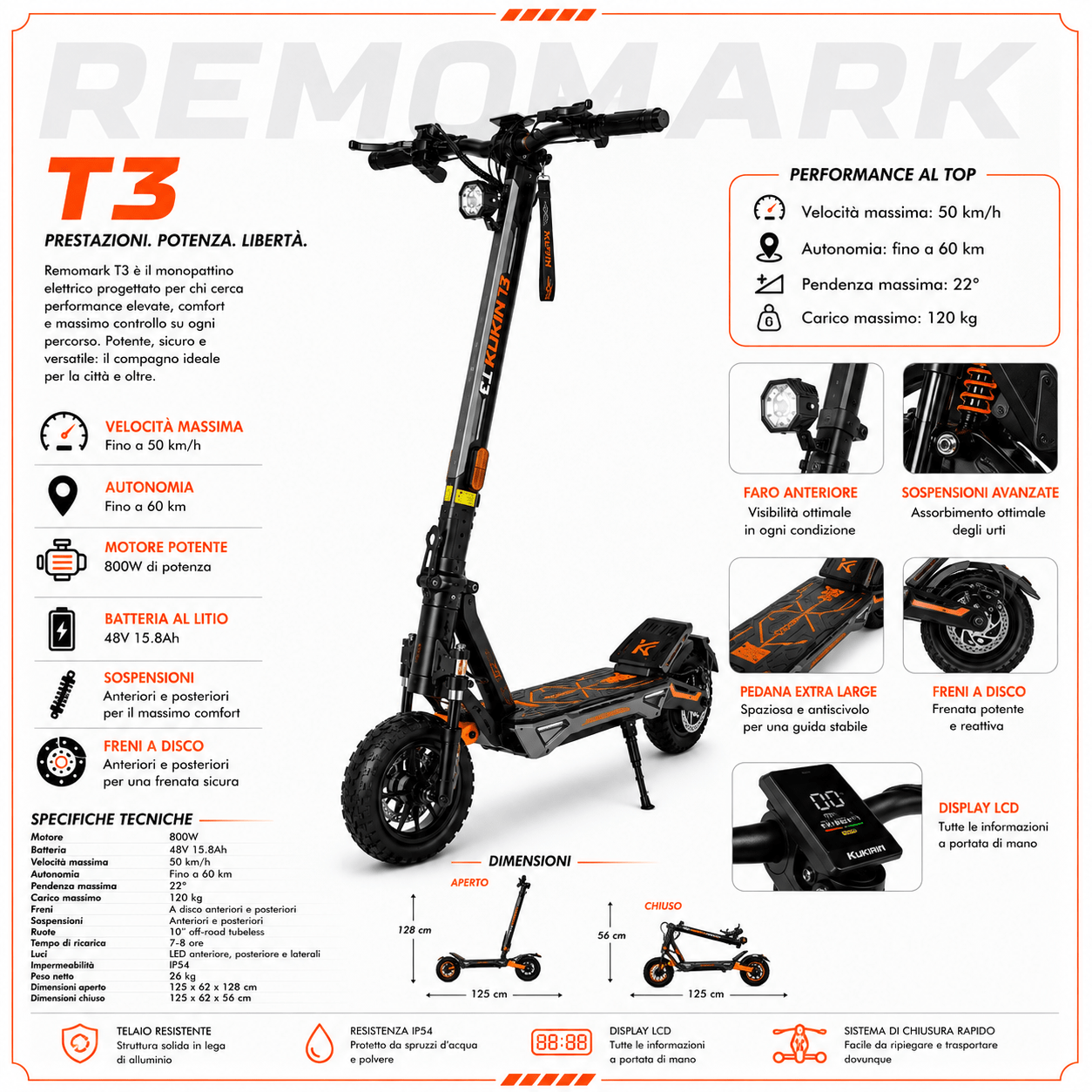 KuKirin T3 - Monopattino Elettrico 800W, 48V 15.6Ah, 45 km/h, Autonomia fino a 58 km - REMO MARK